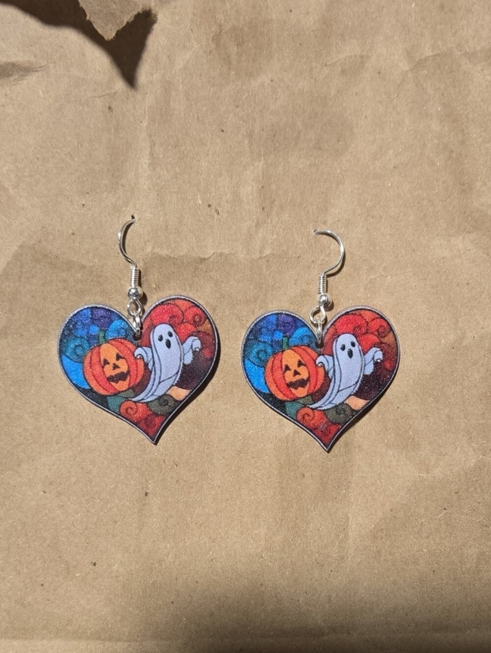 Halloween Heart Dangle Earrings with Ghost & Pumpkin - Multicolor